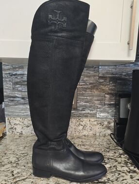 Tory Burch Black Leather Knee-High Riding Boots with Embossed Logo